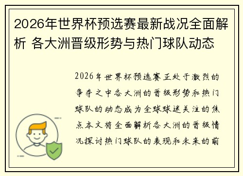 2026年世界杯预选赛最新战况全面解析 各大洲晋级形势与热门球队动态