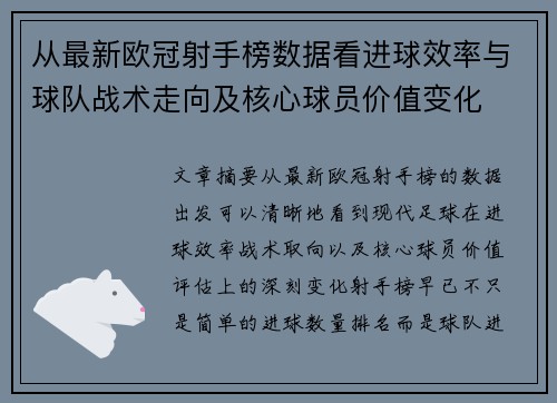 从最新欧冠射手榜数据看进球效率与球队战术走向及核心球员价值变化